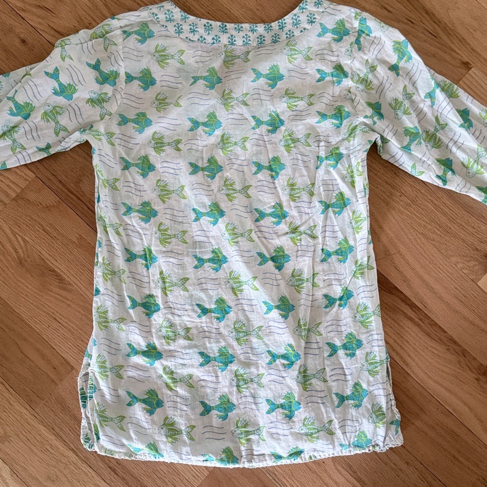 Rikshaw Design 100% cotton 3/4 sleeve block print green fish Women's sz Small - Picture 8 of 10